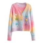 Flower Detail Pointelle Knit Cardigan Pink & Yellow & Blue - One Size