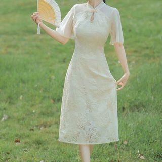 Elbow-sleeve Lace Midi Sheath Qipao Dress