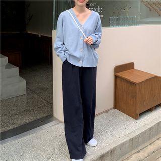 Long-sleeve Plain Cardigan / High-waist Wide-leg Pants