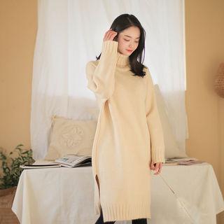Turtleneck Raglan Slit-side Midi Sweater Dress