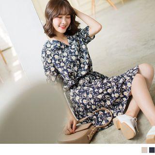 Short-sleeve Gather Waist V-neck Floral Dress