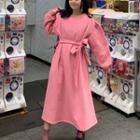 Plain Tie-waist Midi A-line Pullover Dress Pink - One Size