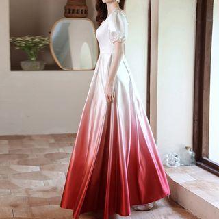 Puff-sleeve Ombre Beaded Silky A-line Evening Gown
