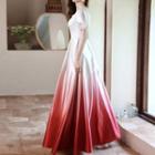 Puff-sleeve Ombre Beaded Silky A-line Evening Gown