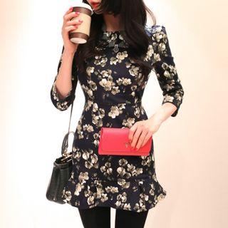 3/4-sleeve Floral Pattern Mini Dress