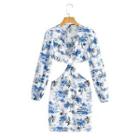 Long-sleeve Floral Print Cut-out Mini Sheath Dress