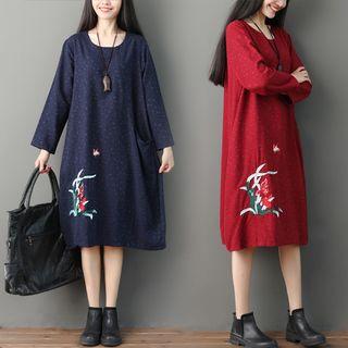 Long-sleeve Floral Embroidered T-shirt Dress