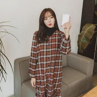 Ruffle-hem Plaid Shirtdress With Sash