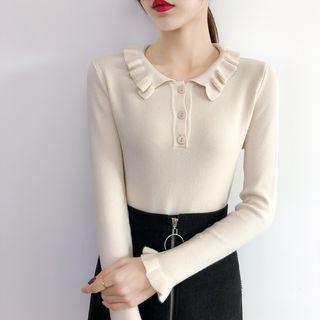 Ruffle Trim Collar Long-sleeve Knit Top