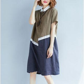 Short-sleeve Colored Panel Shirt Dress