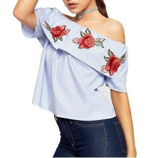 Cold-shoulder Floral Embroidered Striped Blouse