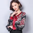Stand-collar Long-sleeved Floral Print Loose-fit Silk Top