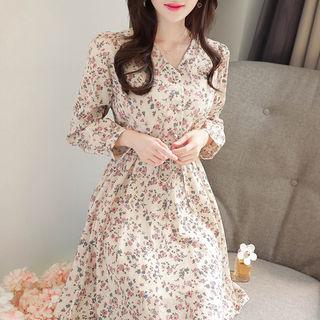 V-neck Drawstring-waist Floral Dress
