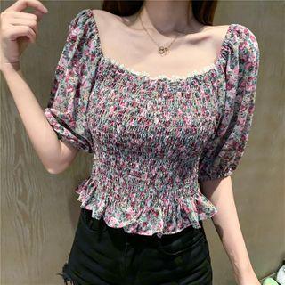 Floral Print Elbow-sleeve Square-neck Blouse