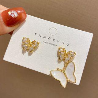 Butterfly Rhinestone Glaze Asymmetrical Dangle Earring 1 Pair - E4282 - 925 Silver - Gold & White - One Size