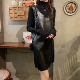 Long-sleeve Plain Top / Sleeveless Faux Leather V-neck Dress