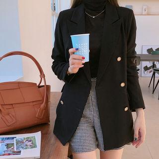 Metallic-button Long Double-breasted Blazer Black - One Size
