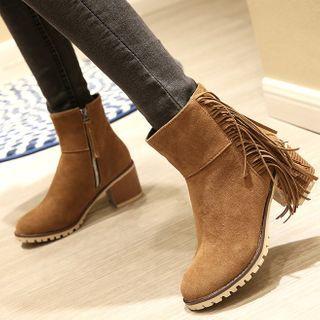 Fringe Block-heel Short Boots