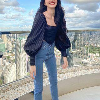 Long-sleeve Striped Cropped Corset Top