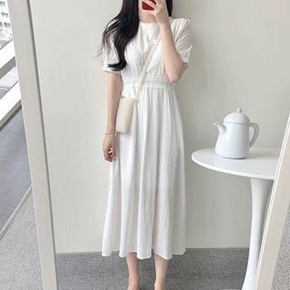 Short-sleeve Lace-panel A-line Midi Dress