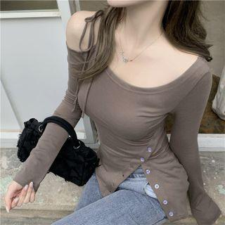 Long-sleeve Slit-hem Fitted T-shirt