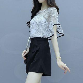 Set: Short-sleeve Lace Floral Top + High-waist Plain Wide-leg Shorts