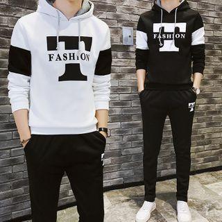 Set: Lettering Print Drawstring Hoodie + Sweatpants