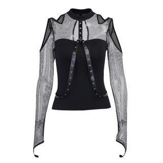 Long-sleeve Mesh Panel Cold-shoulder T-shirt