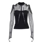 Long-sleeve Mesh Panel Cold-shoulder T-shirt