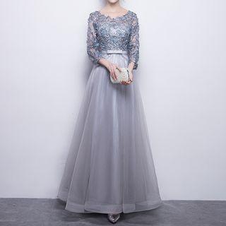 Flower Applique 3/4 Sleeve Evening Gown