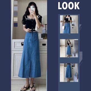 Short-sleeve Top / Denim Midi A-line Skirt / Set