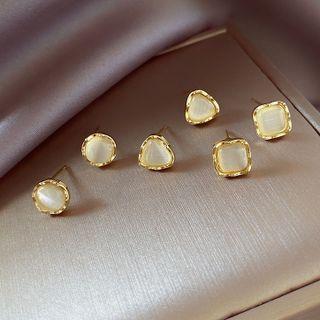 Cat Eye Stone Stud Earring 1 Pair - Silver Needle Earring - Gold - One Size