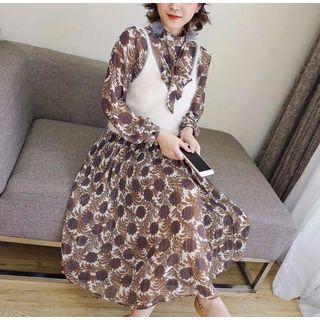 Set: Floral Print Long-sleeve Dress + Spaghetti Strap Top