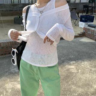 Set: Plain Tank Top + Cropped Cardigan Tank Top - White - One Size / Cardigan - White - One Size