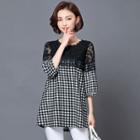 3/4-sleeve Lace Panel Plaid Top