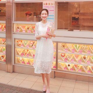 Set: Elbow-sleeve Sheer Lace Dress + Slipdress