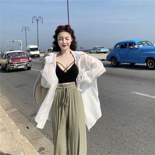 Oversize Shirt / Cross Strap Camisole / Cropped Straight-fit Pants