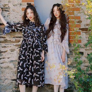 Long-sleeve Ruffle-trim Print Midi A-line Dress
