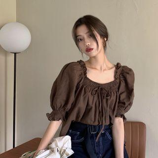 Puff-sleeve Square Neck Blouse Dark Brown - One Size