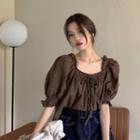 Puff-sleeve Square Neck Blouse Dark Brown - One Size