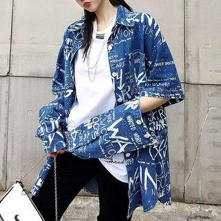 Detachable-sleeve Lettering Print Shirt Jacket