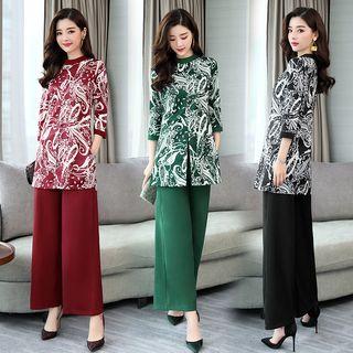 Set: 3/4-sleeve Printed Long Top + Wide Leg Pants