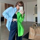 Color-block Long-sleeve Loose-fit Shirt Blue & Green - One Size