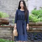 Long-sleeve Linen Midi A-line Dress