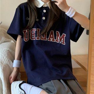 Contrast Collar Lettering Polo Shirt Dark Blue - One Size