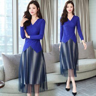 Set: V-neck Knit Top + Mesh Overlay Midi Accordion Pleated Skirt