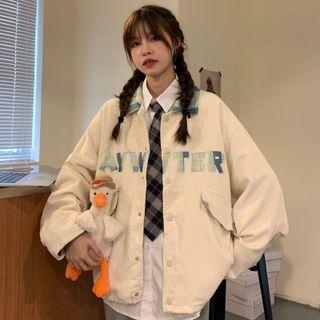 Lettering Embroidered Corduroy Button Jacket