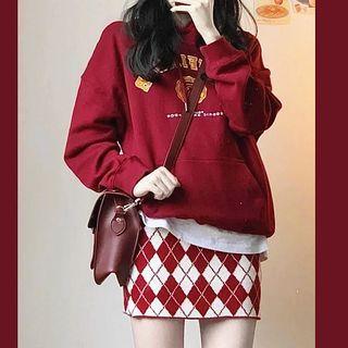 Lettering Hoodie / Argyle Knit Mini Pencil Skirt