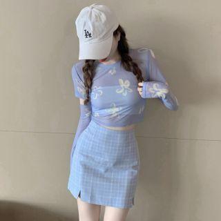 Long-sleeve Floral Print Mesh Top / Fitted Plaid Mini Skirt