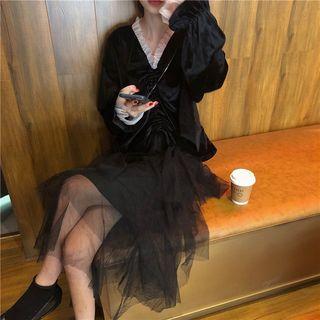 Ruffled Long-sleeve Layered Midi Mesh Dress Black - One Size